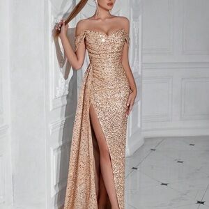 SHEIN Strapless Glitter Gown - Gold